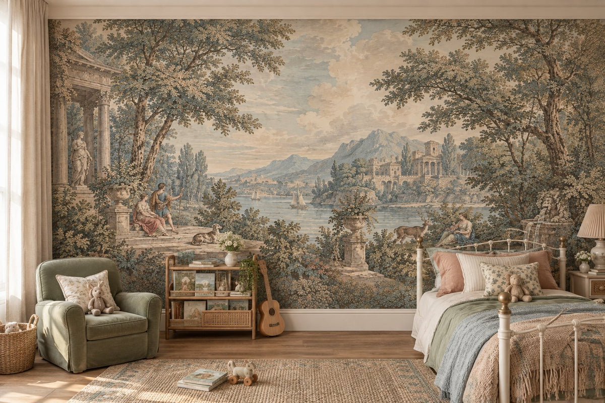 Neoclassical Pastoral Landscape Wallpaper : Vintage Lake Scene Mural - View 2