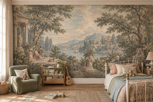 Neoclassical Pastoral Landscape Wallpaper : Vintage Lake Scene Mural - View 2