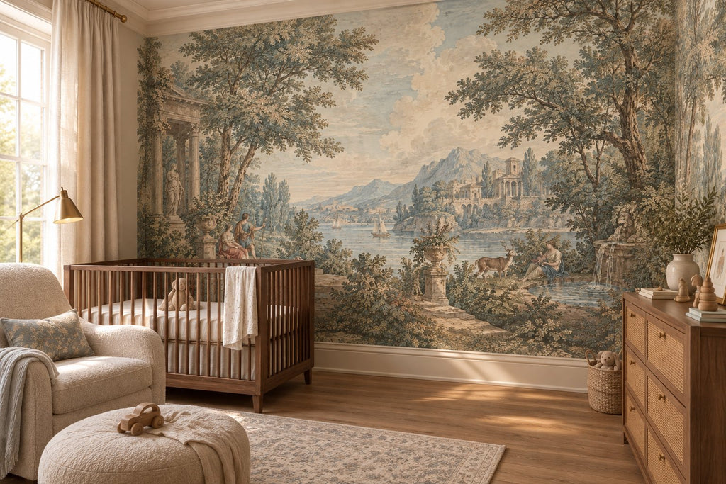 Neoclassical Pastoral Landscape Wallpaper : Vintage Lake Scene Mural - View 3