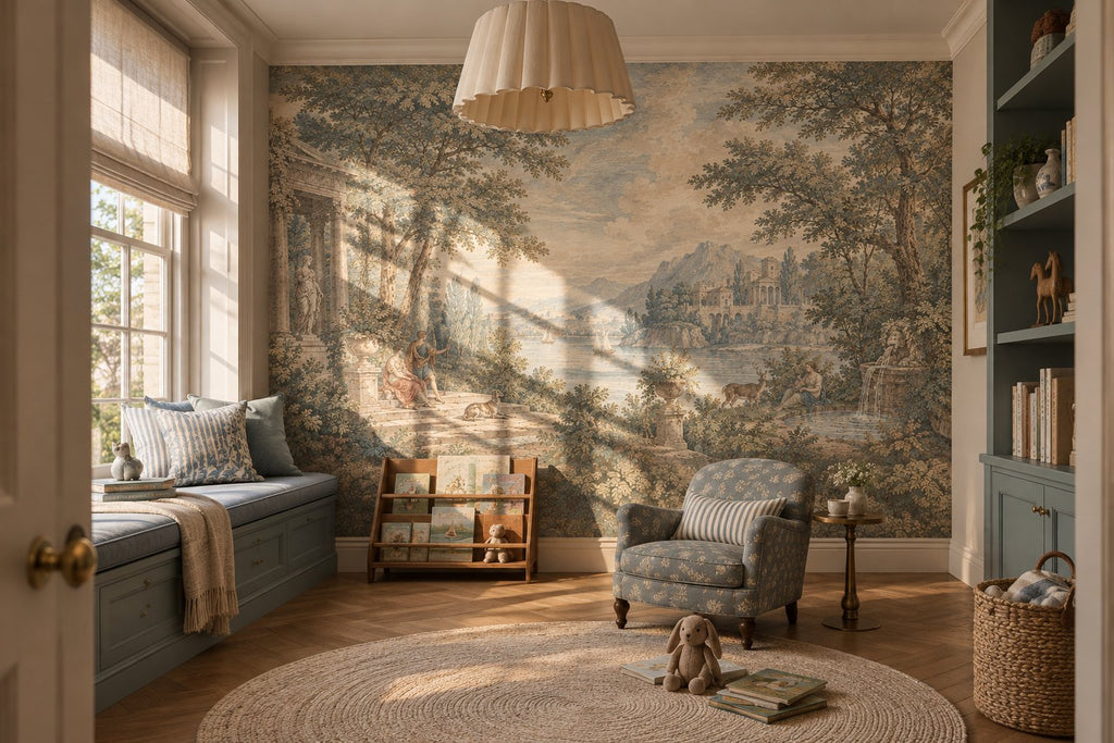 Neoclassical Pastoral Landscape Wallpaper : Vintage Lake Scene Mural - View 5
