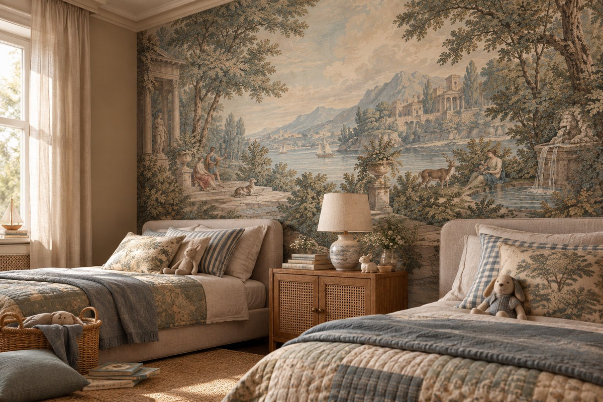 Neoclassical Pastoral Landscape Wallpaper : Vintage Lake Scene Mural - View 6