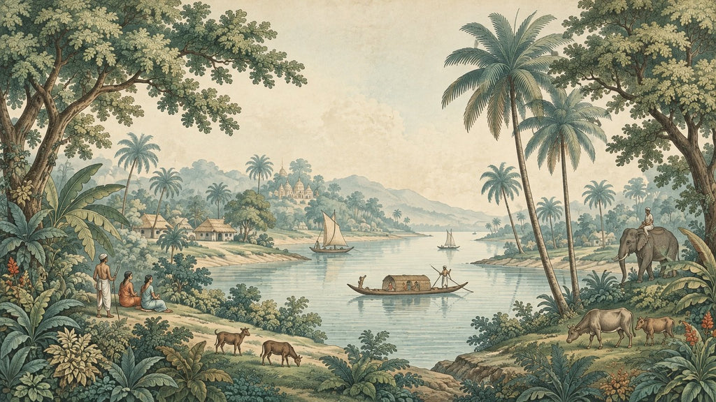 Tropical River Landscape Wallpaper : Vintage Elephant Palm Mural
