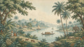 Tropical River Landscape Wallpaper : Vintage Elephant Palm Mural