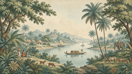 Tropical River Landscape Wallpaper : Vintage Elephant Palm Mural