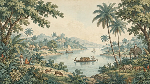 Tropical River Landscape Wallpaper : Vintage Elephant Palm Mural