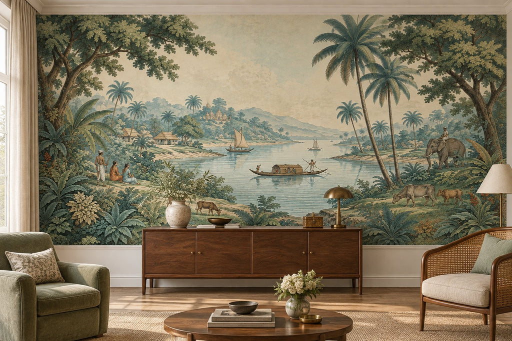 Tropical River Landscape Wallpaper : Vintage Elephant Palm Mural - View 2