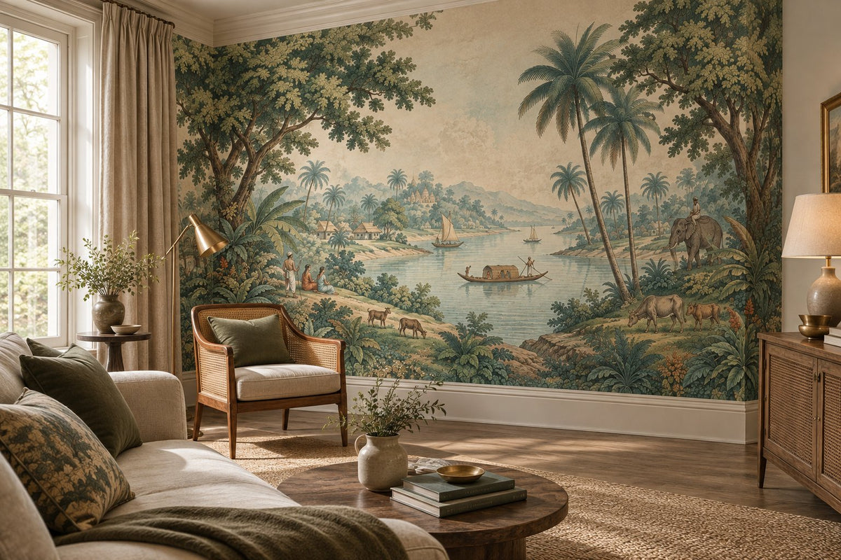 Tropical River Landscape Wallpaper : Vintage Elephant Palm Mural - View 3