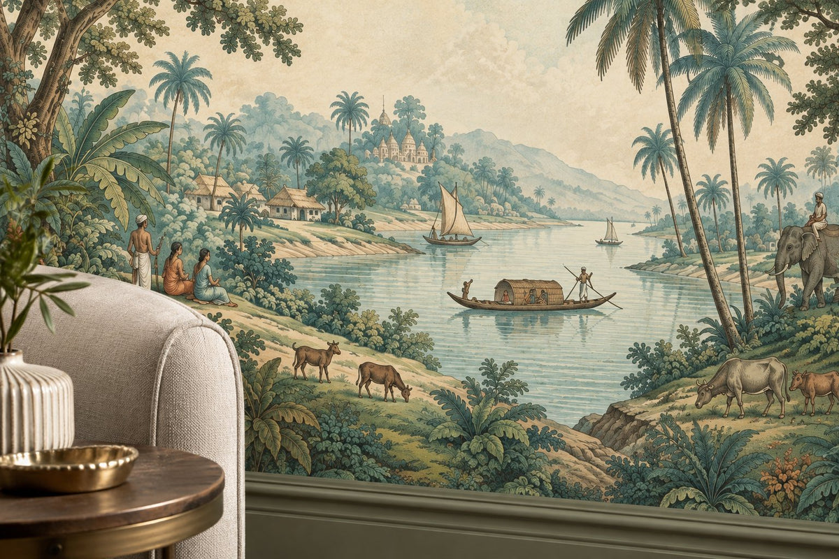 Tropical River Landscape Wallpaper : Vintage Elephant Palm Mural - View 4