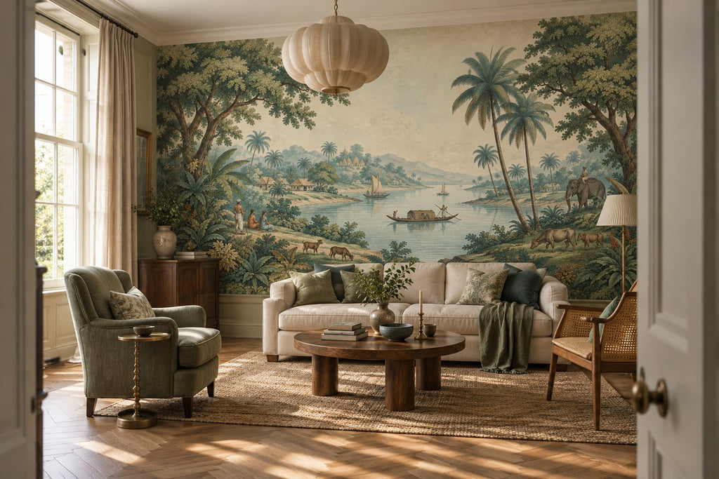 Tropical River Landscape Wallpaper : Vintage Elephant Palm Mural - View 5