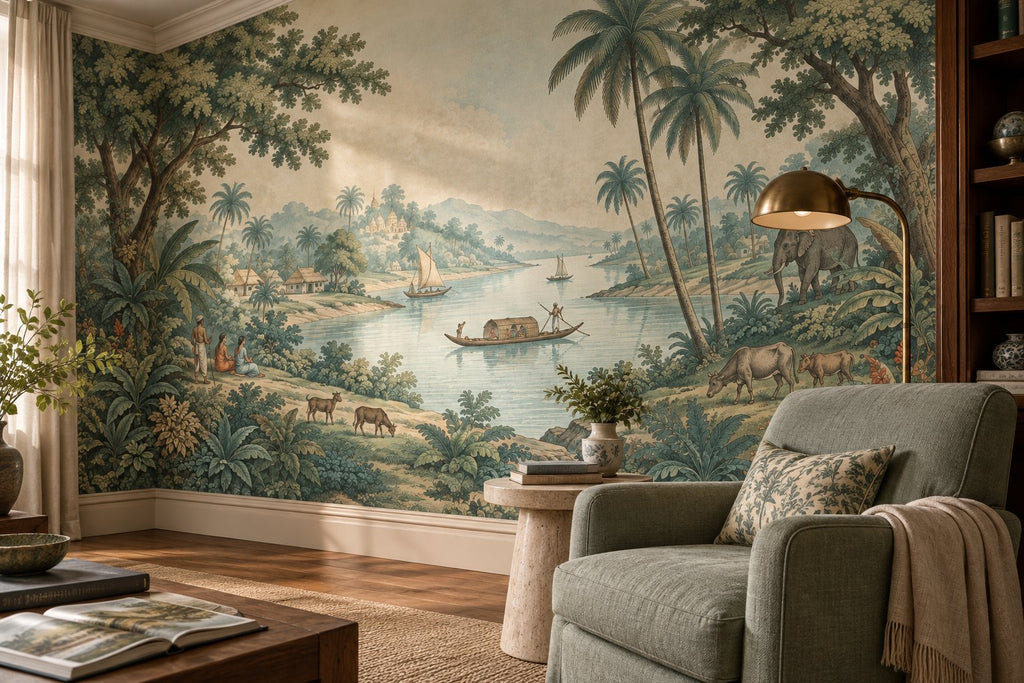 Tropical River Landscape Wallpaper : Vintage Elephant Palm Mural - View 6