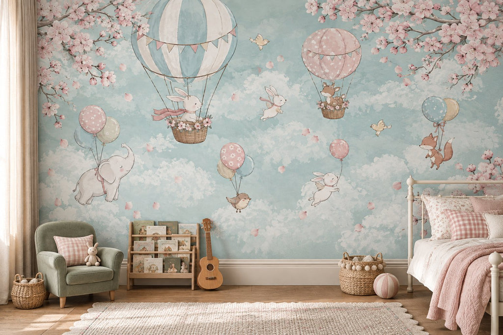 Pastel Balloon Nursery Wallpaper : Bunny and Blossom Kids Mural - View 2
