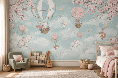 Pastel Balloon Nursery Wallpaper : Bunny and Blossom Kids Mural - View 2