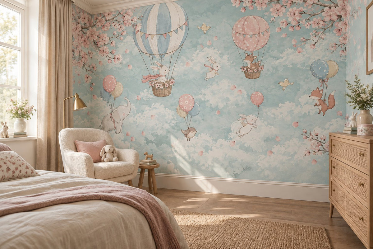 Pastel Balloon Nursery Wallpaper : Bunny and Blossom Kids Mural - View 3