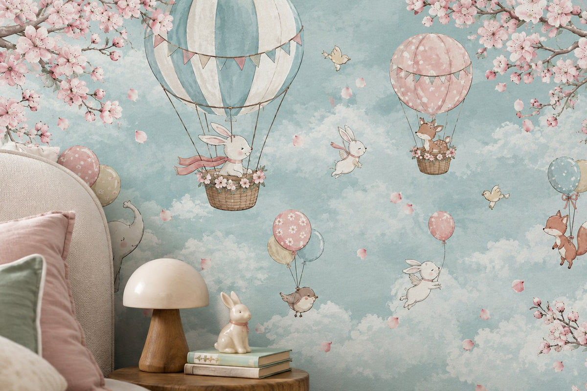 Pastel Balloon Nursery Wallpaper : Bunny and Blossom Kids Mural - View 4