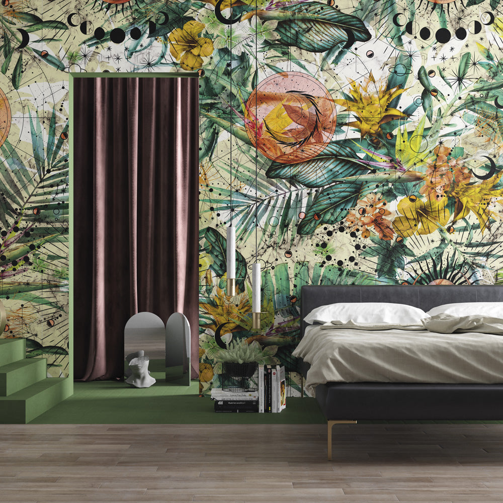 Retro Botanical Wallpaper : Geometric Flower Sunburst Mural